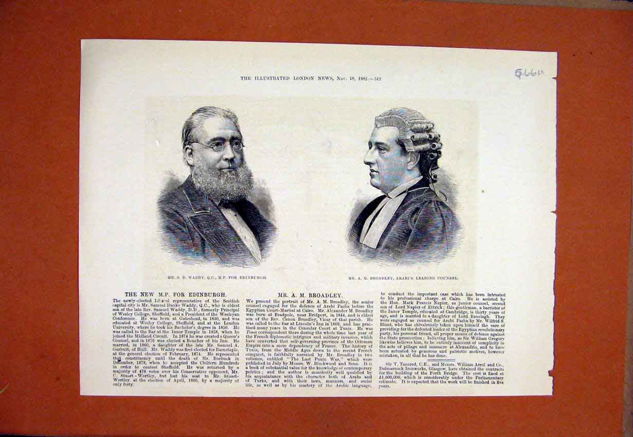Antique Old Print *0029 1882 Portrait Waddy Edinburgh Broadley Arabi Counsel