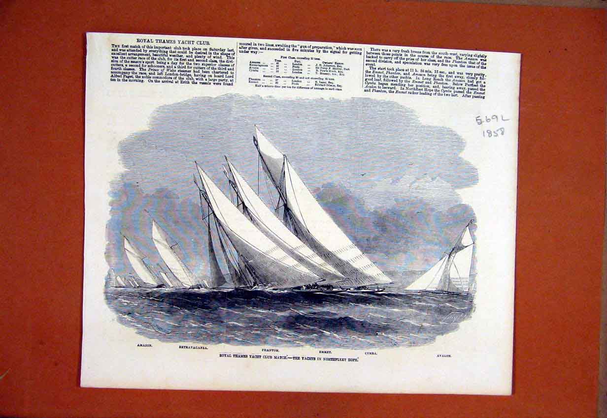 Original Old Antique Print Royal Thames Yacht Club Match 1858 Northfleet Hope