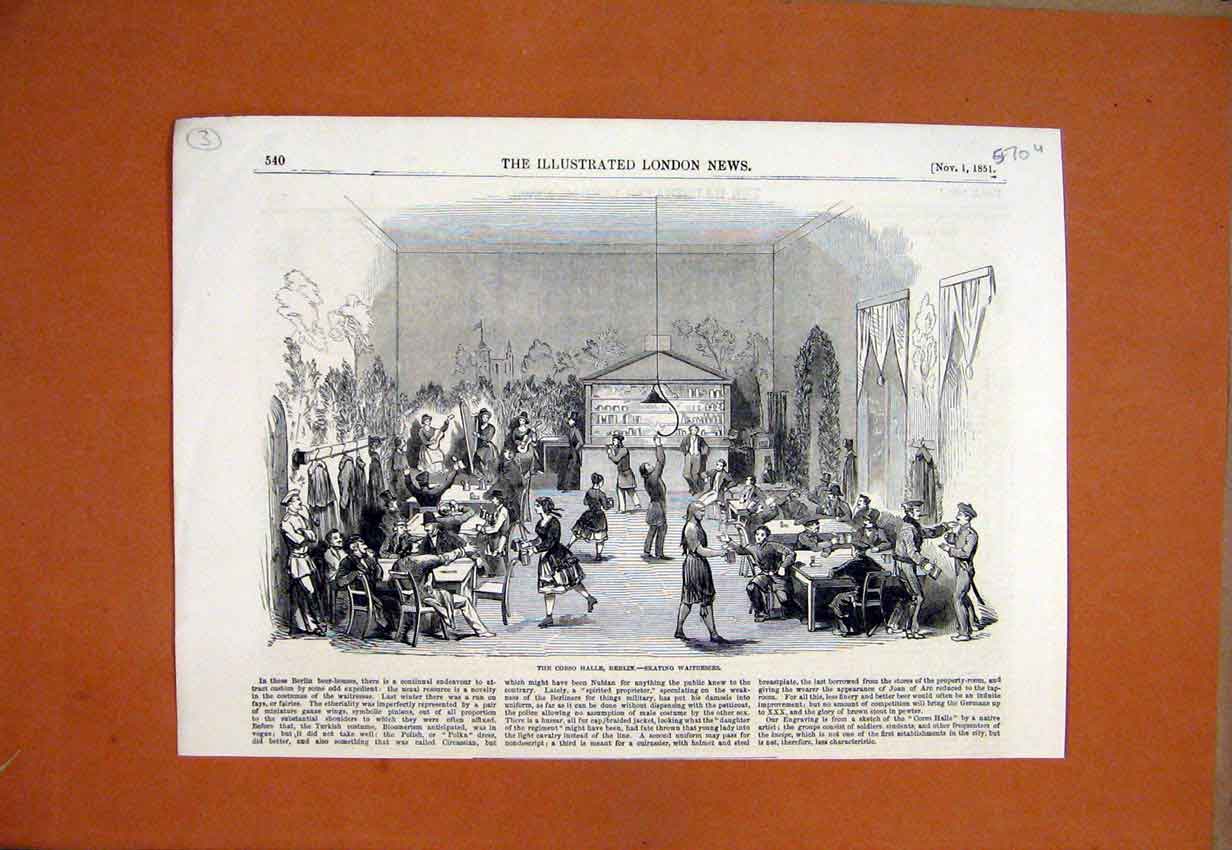 Original Old Antique Print 1851 Corso Halle Berlin Skating Waitresses Victorian