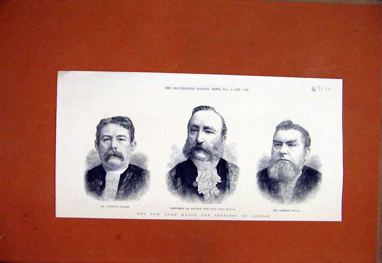 Original Old Antique Print 1887 Lord Mayor Sheriff London Davies Keyser Higgs