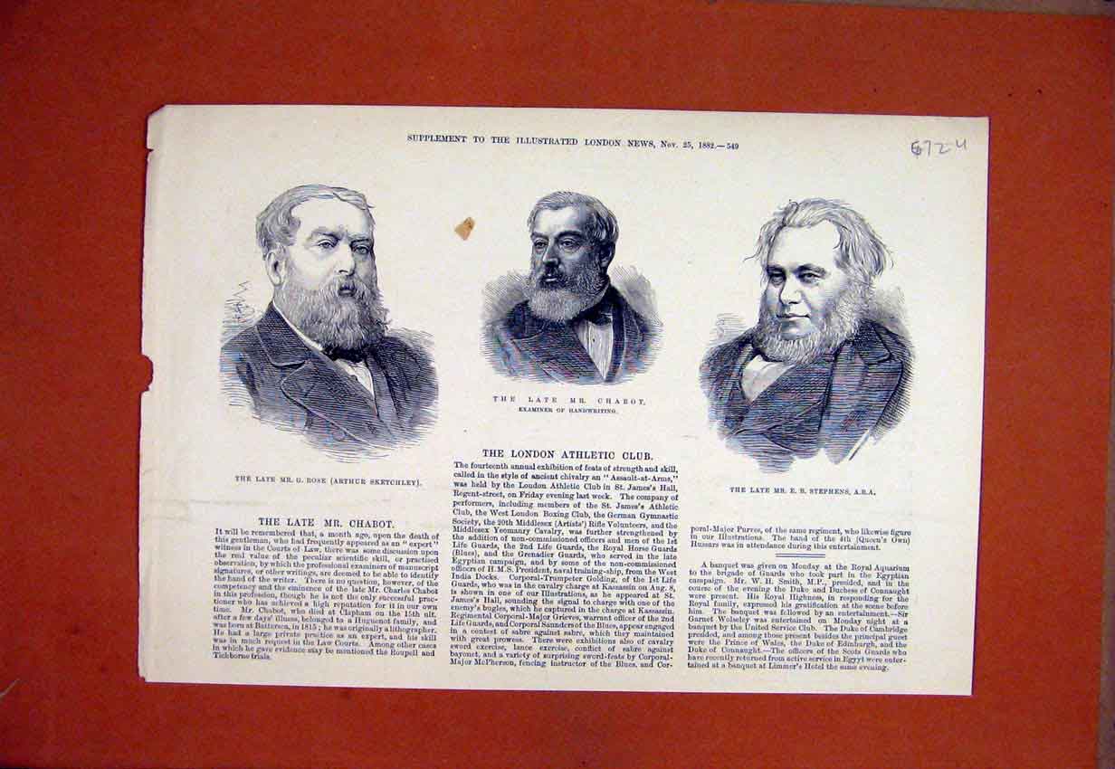 Original Old Antique Print 1882 Rose Arthur Sketchley Examiner Chabot Stephens