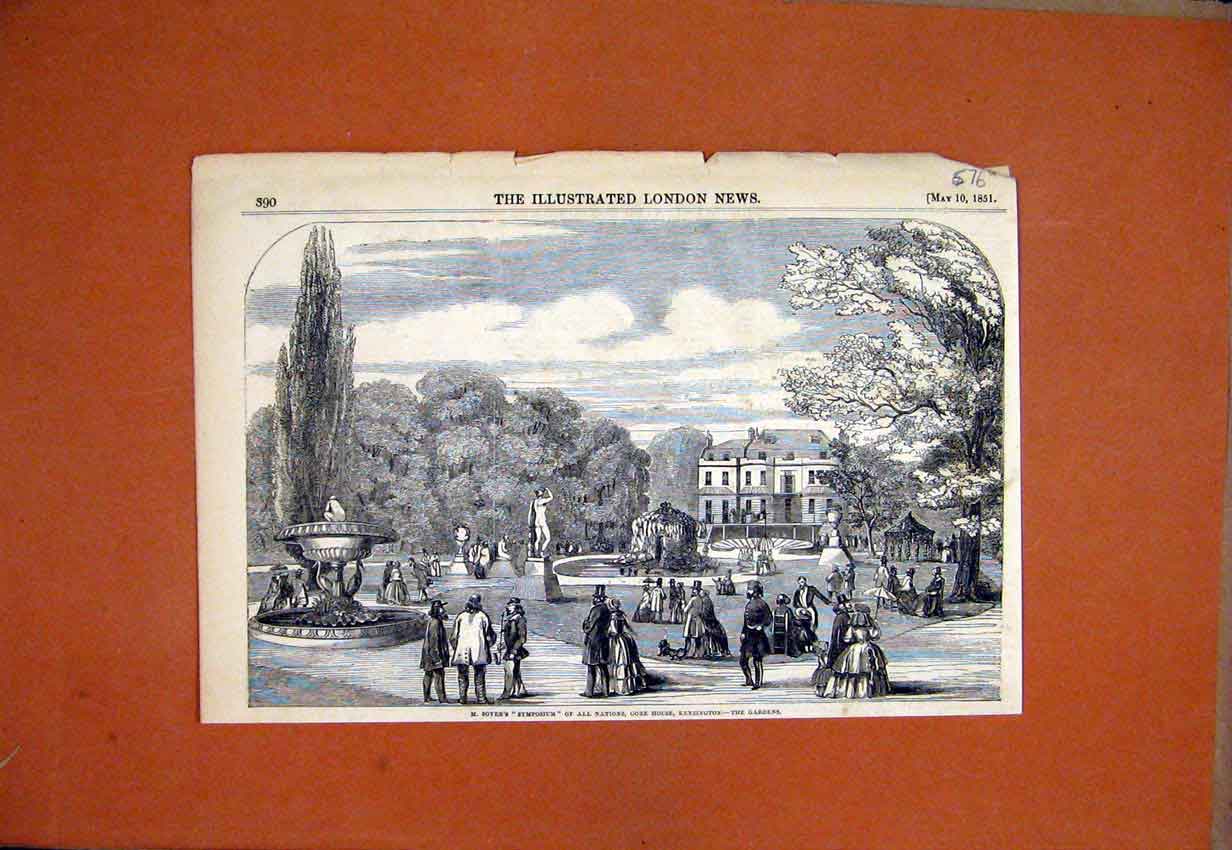 Original Old Antique Print 1851 Soyer Symposium Nations Gore House Gardens 19th