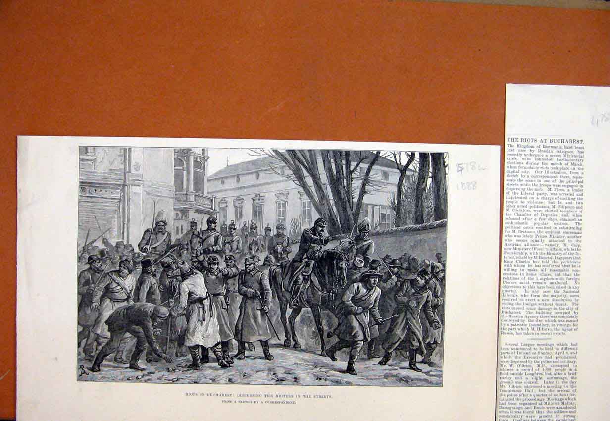 Old Antique Print 1888 Riots Bucharest Dispersing Rioters Street Sketch 19th