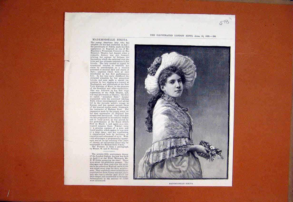 Original Old Antique Print 1888 Portrait Mademoiselle Nikita Beautiful Woman