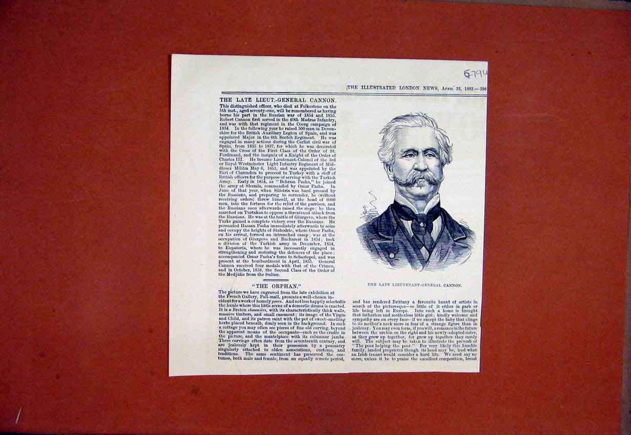 Original Old Antique Print Portrait Late Lieutenant-General Cannon 1882 19th