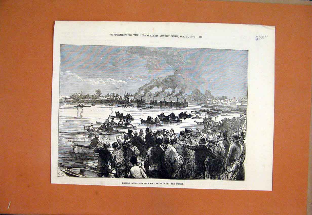 Original Old Antique Print 1874 Double Sculling-Match Thames River Finish Line
