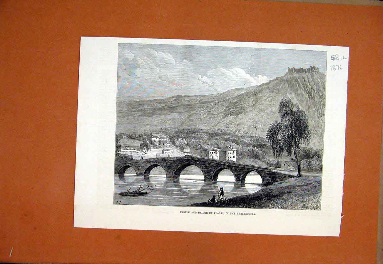 Original Old Antique Print 1876 Castle Bridge Blagai Herzegovina River 19th