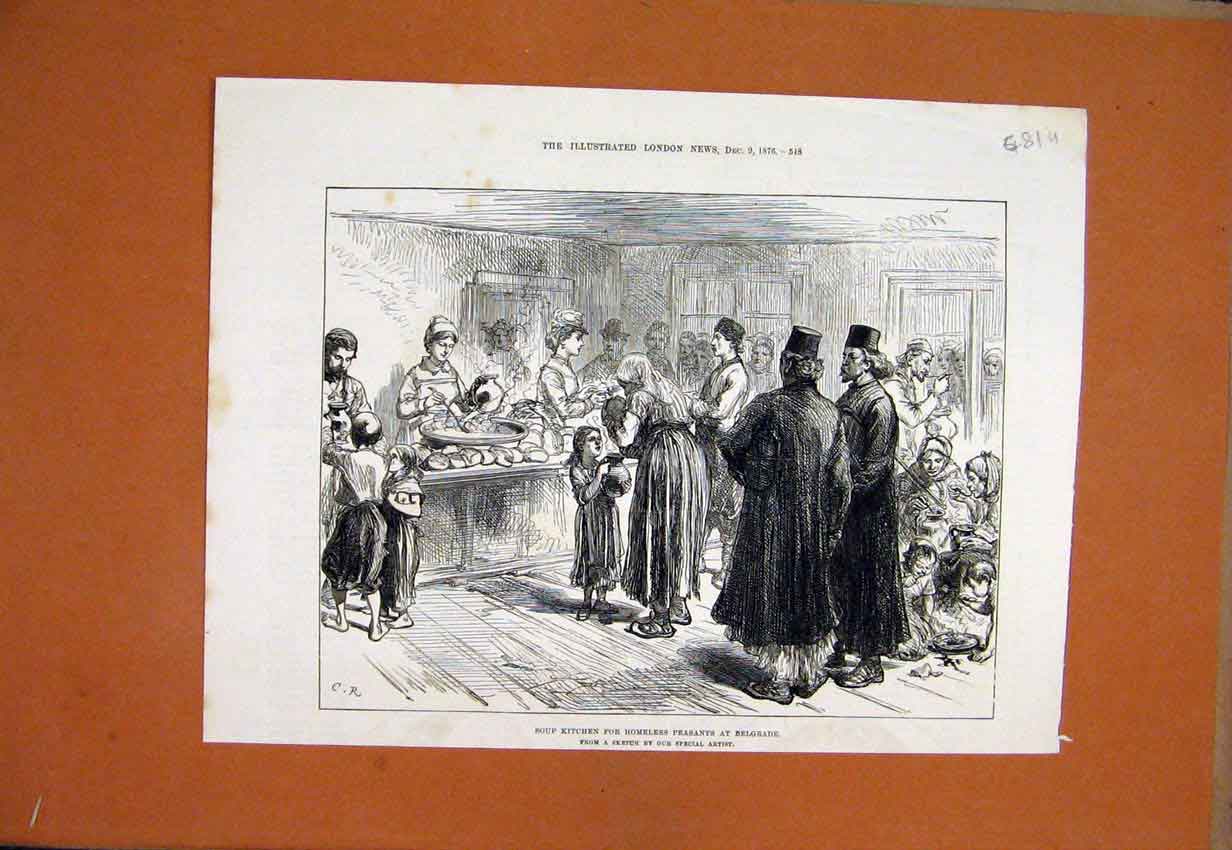 Original Old Antique Print 1876 Soup Kitchen Homeless Peasants Belgrade Sketch