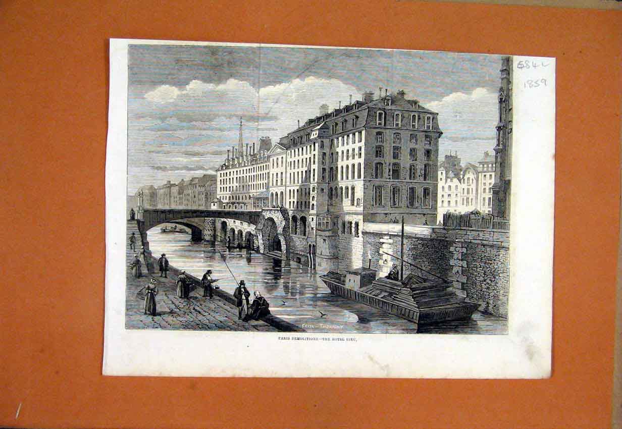 Original Old Antique Print 1859 Paris Demolition River Fishing Boat Bridge 19th