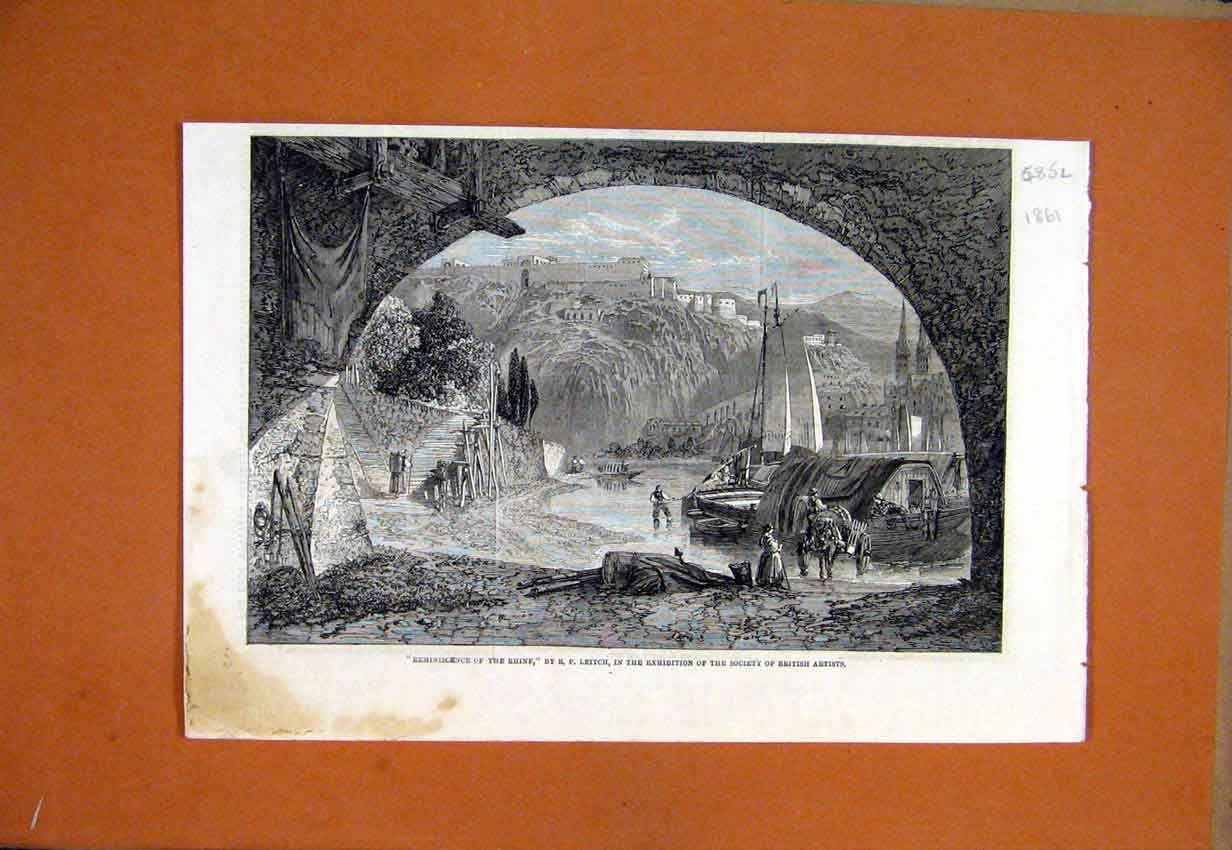 Old Antique Print 1861 Painting Remininscence Rhine Boat Mountain Scene 19th