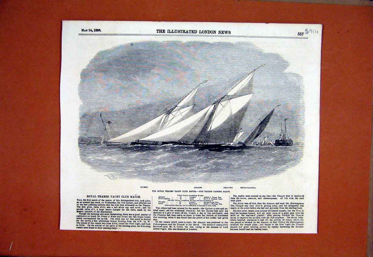 Old Antique Print 1856 Royal Thames Yacht Club Match Amazon Secret Grays 19th