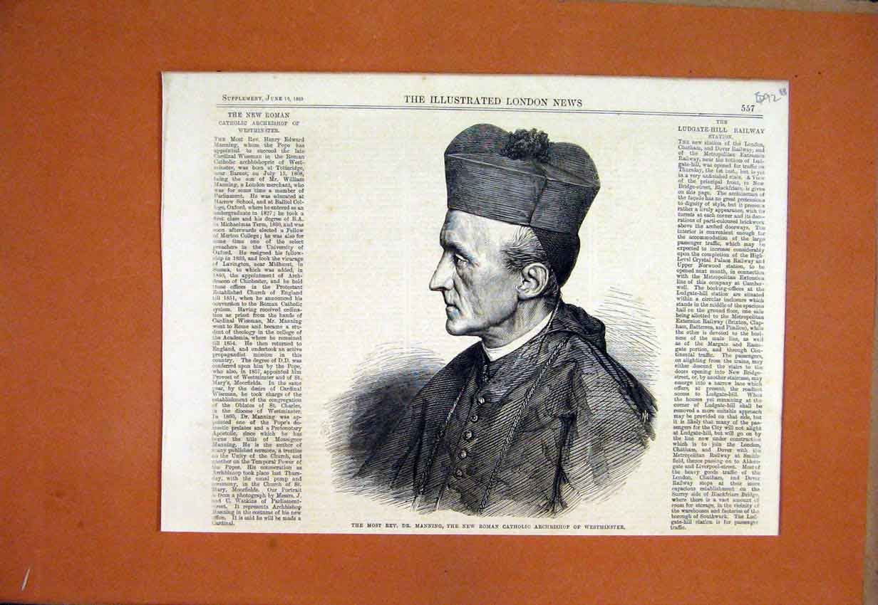 Original Old Antique Print 1865 Manning Roman Catholic Archbishop Westminster