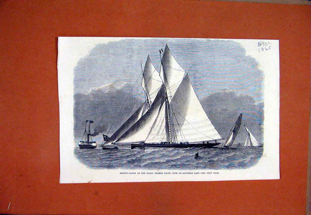 Original Old Antique Print 1865 Sailing Match Royal Thames Yacht Club Victorian