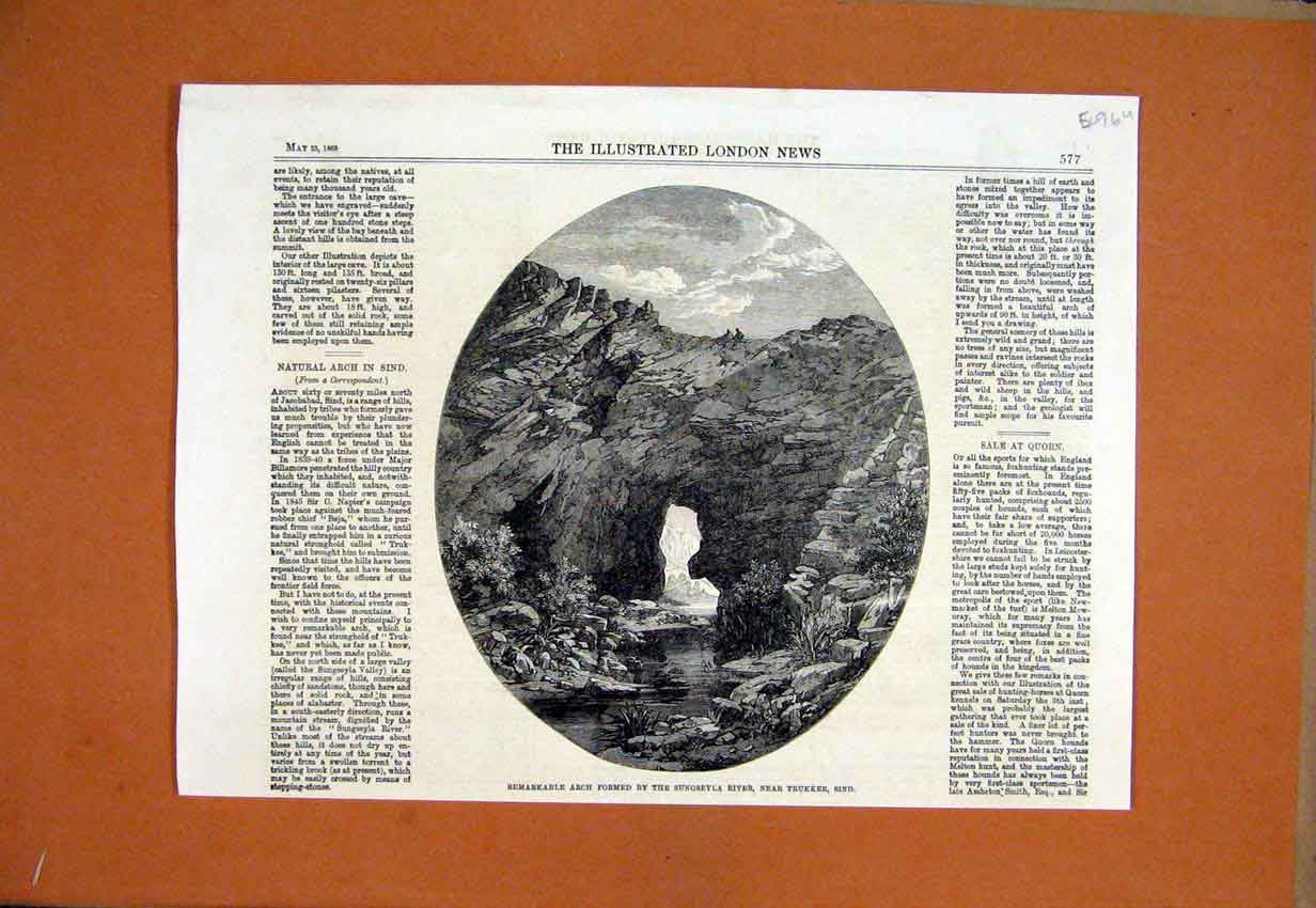 Original Old Antique Print 1863 Remarkable Arch Sungseyla River Trukkee Sind