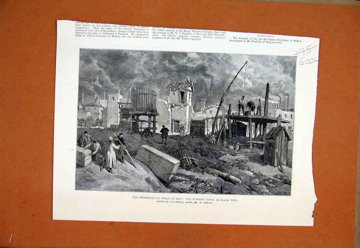 Antique Old Antique Print Petroleum Oil Wells Baku Tcherny Gorod Black Town 00LMAR1