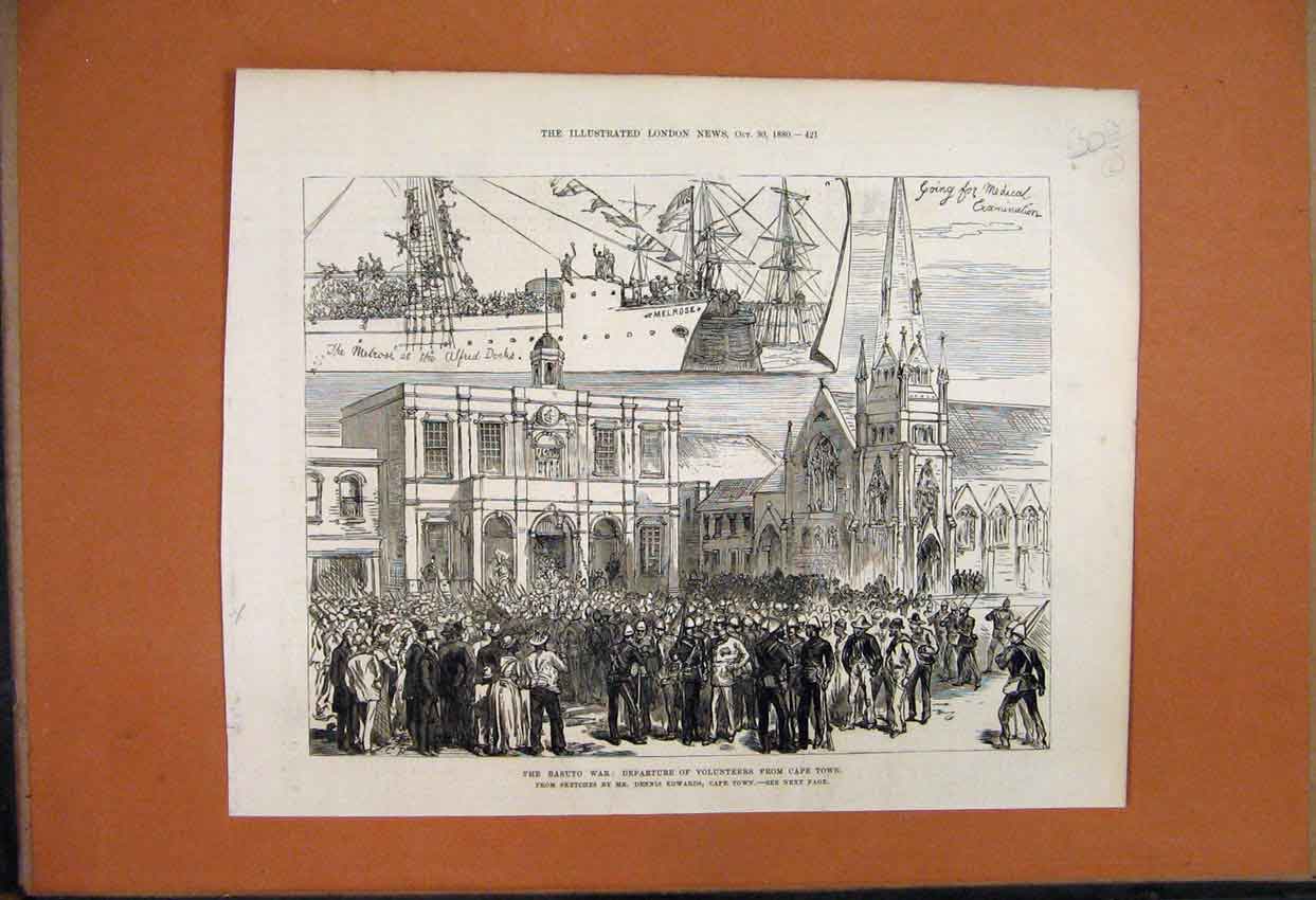 Original Old Antique Print 1880 Basuto War Departure Volunteers Cape Town 19th