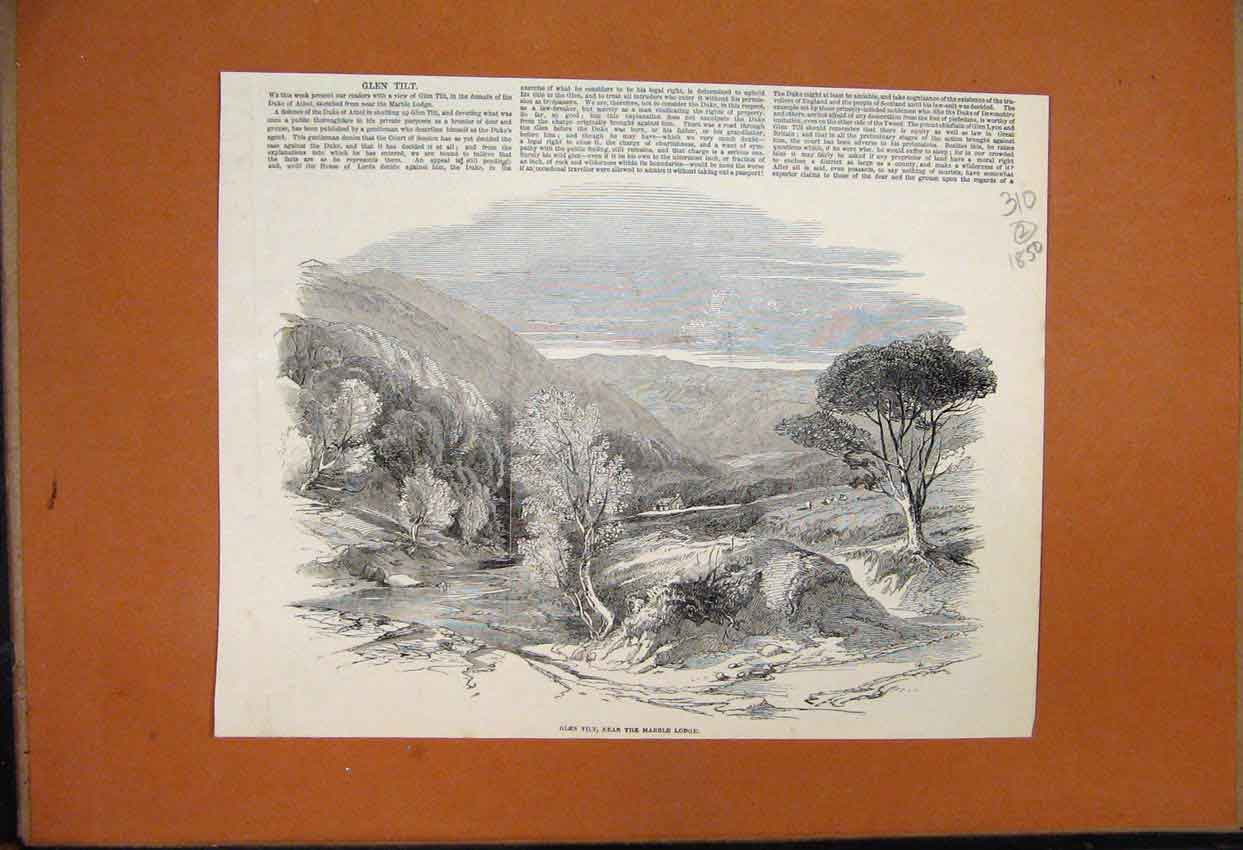 Original Old Antique Print 1850 Glen Tilt Marble Lodge Mountain Scene Victorian