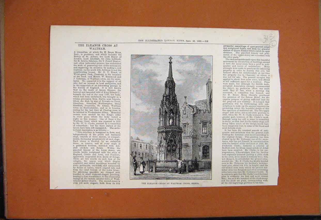Original Old Antique Print Eleanor Cross Waltham Herts 1885 Building Victorian