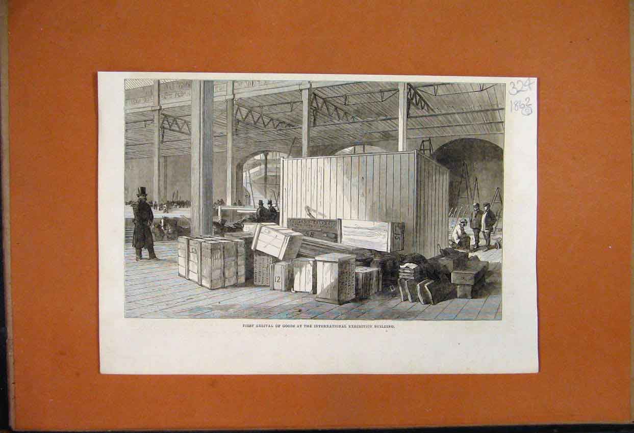 Original Old Antique Print Arrival Goods International Exhibition Building 1862