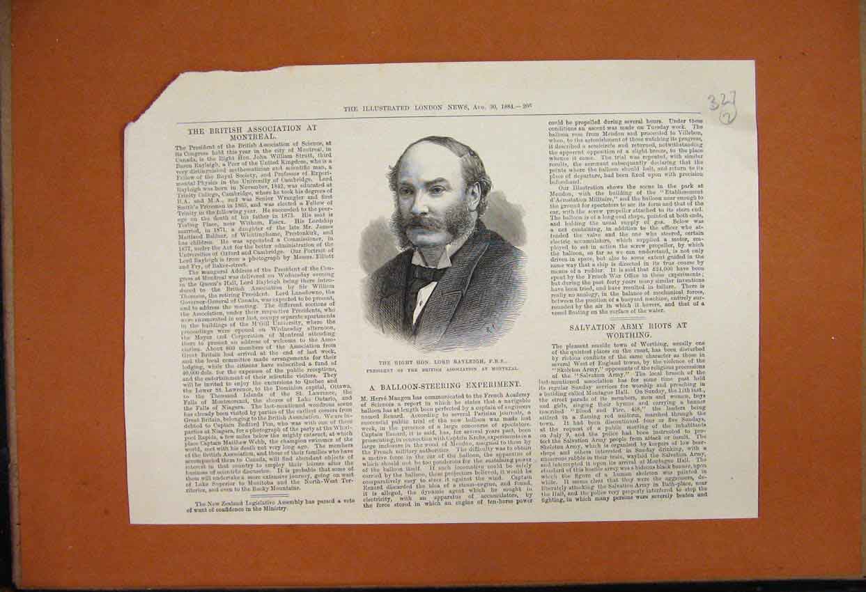 Old Antique Print 1884 Portrait Lord Rayleigh President British Montreal 19th