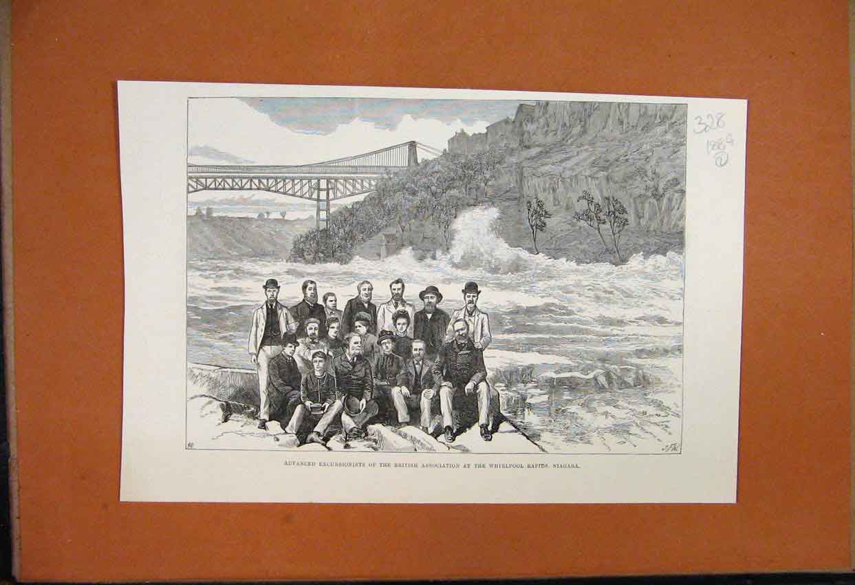 Original Old Antique Print Excursionists British 1884 Whirpool Rapids Niagara