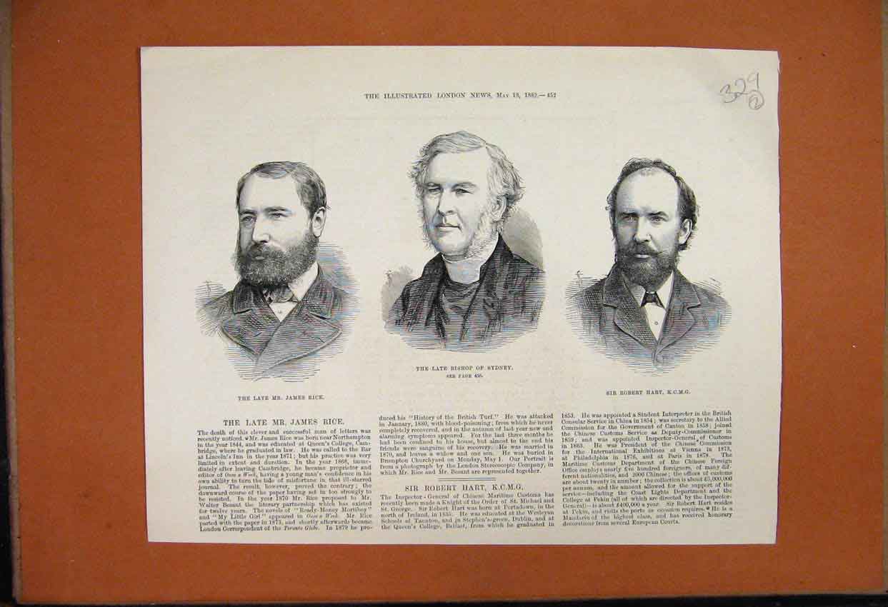 Original Old Antique Print 1882 Portrait Bishop Sydney James Rice Robert Hart