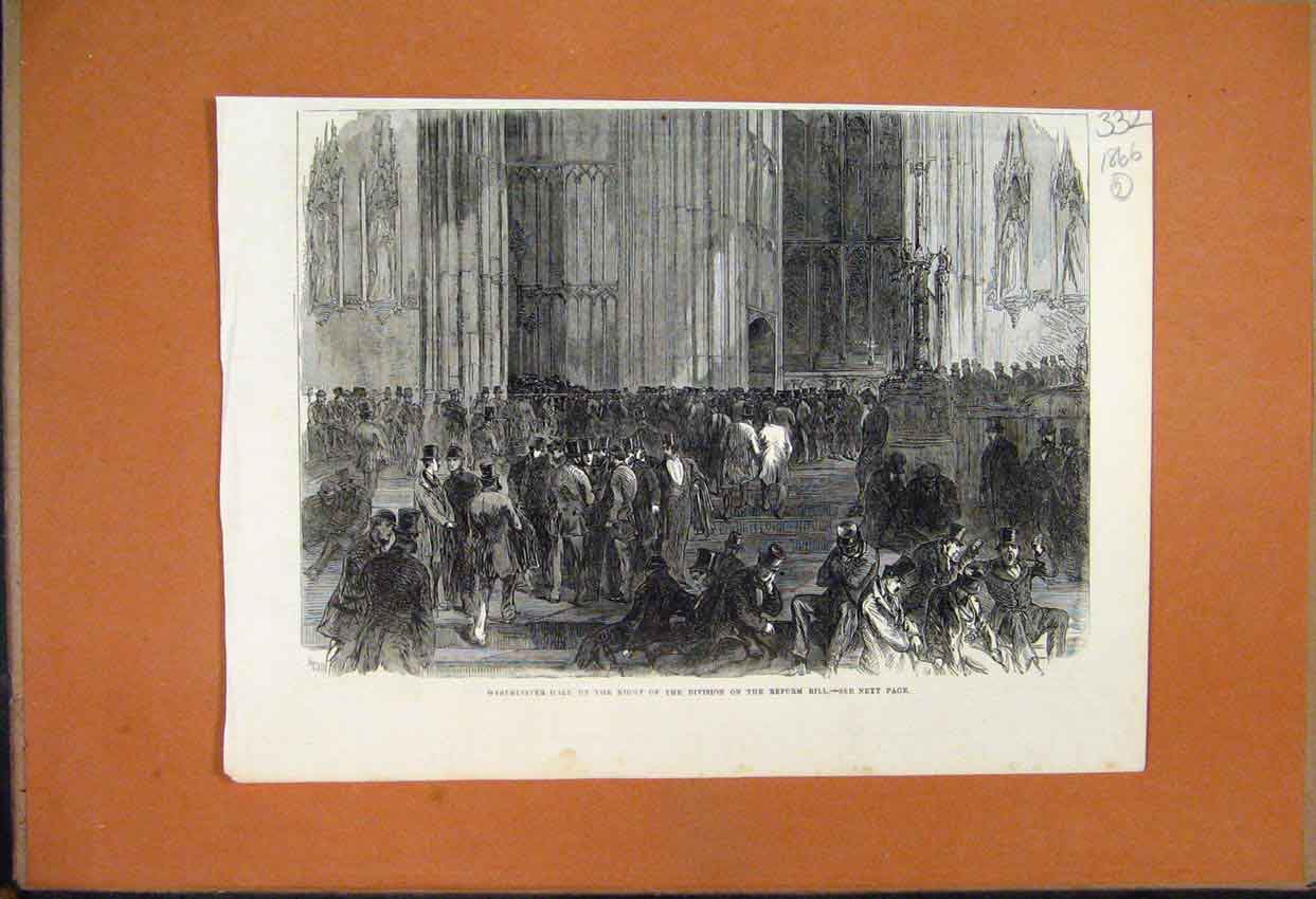 Original Old Antique Print Westminster Hall Division Reform Bill 1866 Victorian