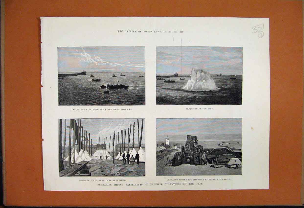 Original Old Antique Print 1885 Mining Experiments Engineer Camp Ordnance Store