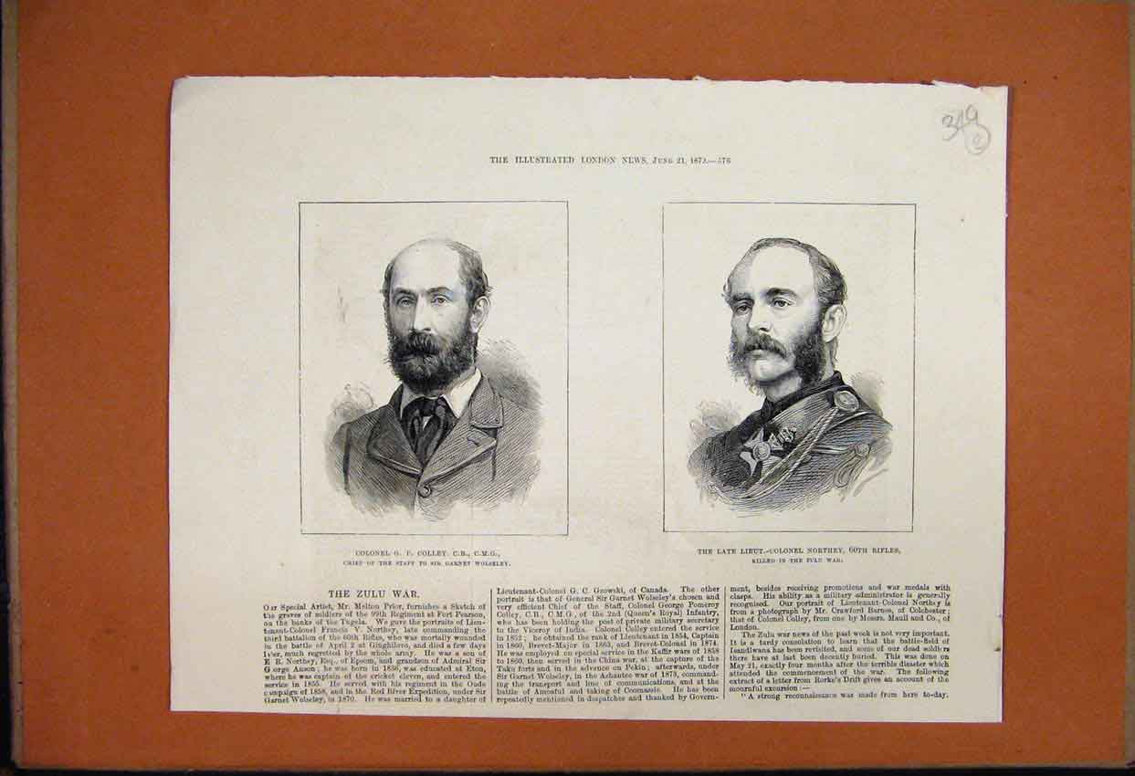 Original Old Antique Print Portrait Colonel Colley 1873 Northey Rifles Zulu War