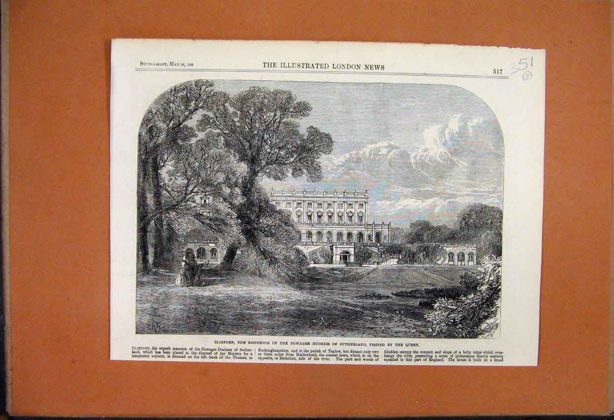 Original Old Antique Print 1866 Cliefden Dowager Duchess Sutherland Taplow 19th