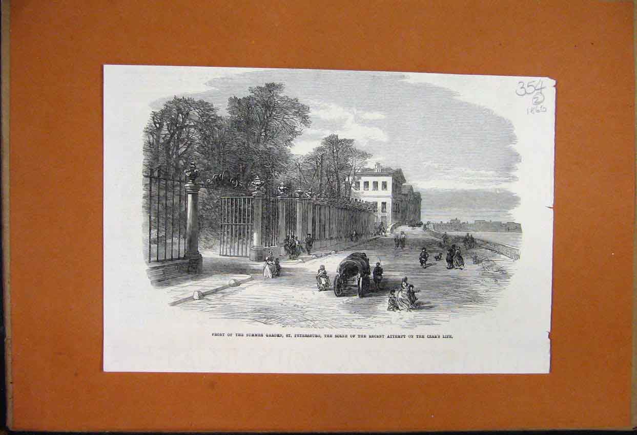 Original Old Antique Print Front Summer Garden Petersburgh 1860 Czar Building