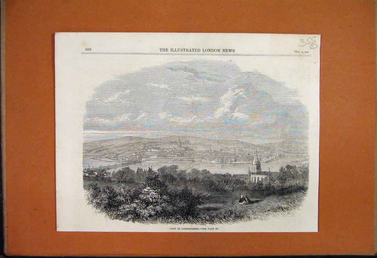 Original Old Antique Print 1863 View Londonderry Ireland Country 19th