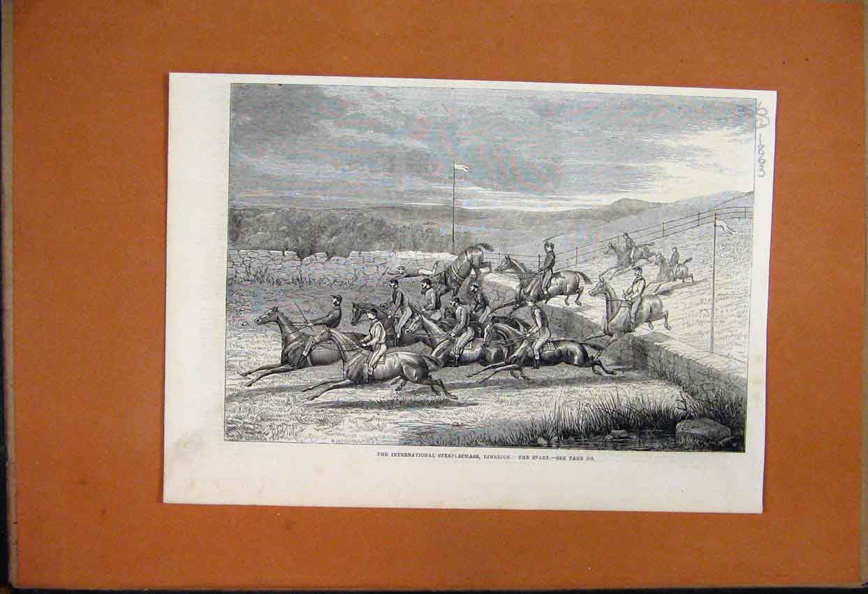 Original Old Antique Print International Steeplechase Horse Race Limerick 1863