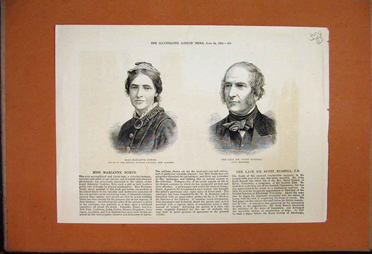 Original Old Antique Print 1882 Portrait Murianne North Scott Russell Engineer