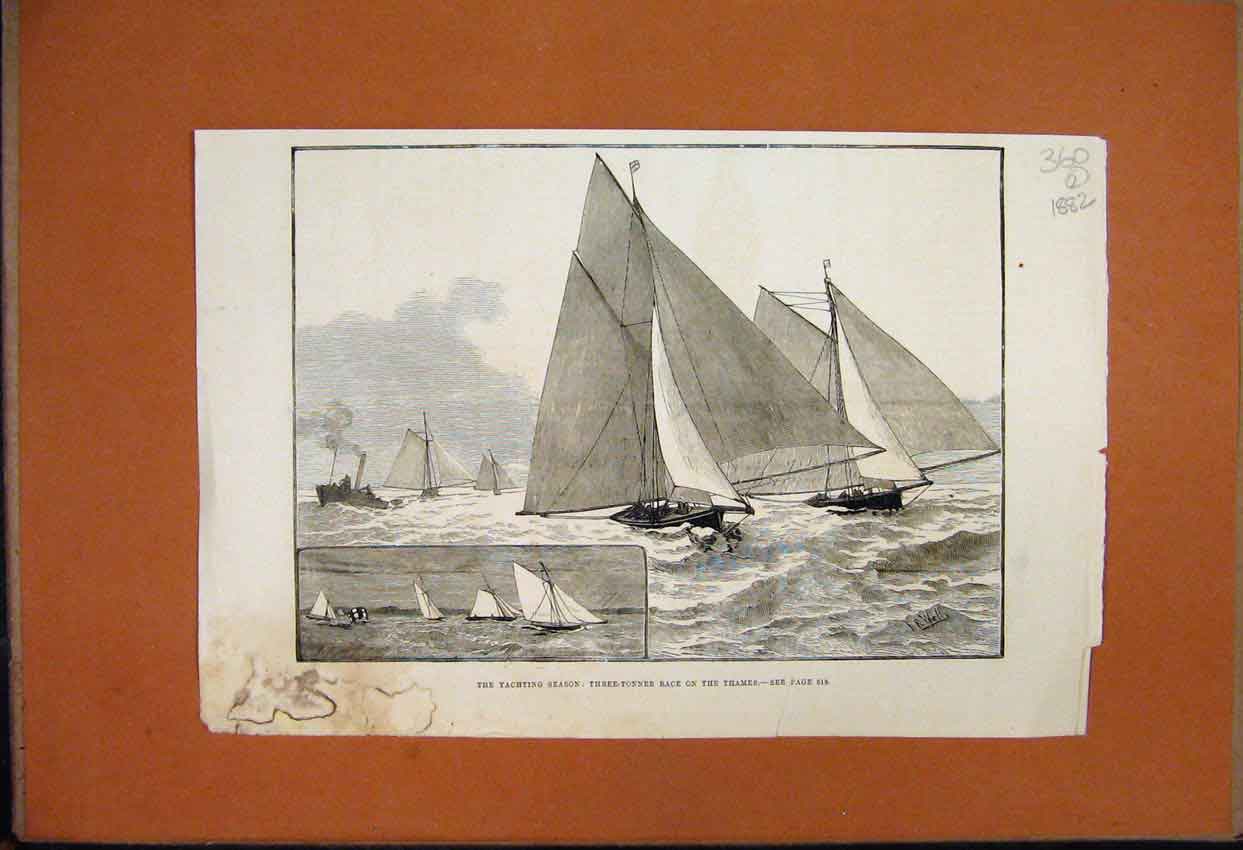 Original Old Antique Print 1882 Yachting Season Three-Tonner Race Thames 19th