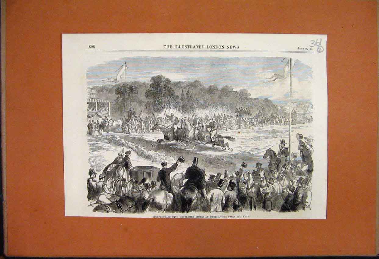 Original Old Antique Print Horse Steeplechase 1864 Gentlemen Riders Madrid Spain