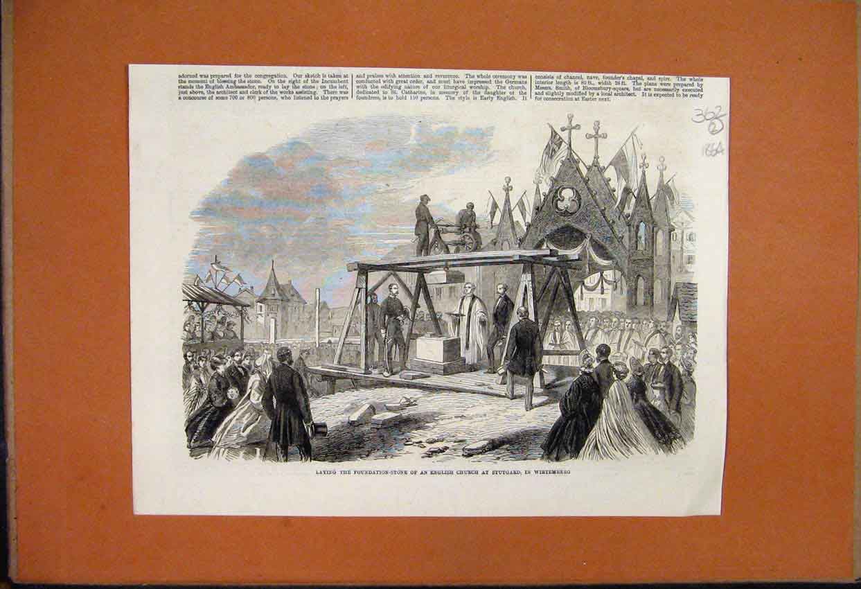 Original Old Antique Print 1864 Foundation Stone English Church Stutgard 19th