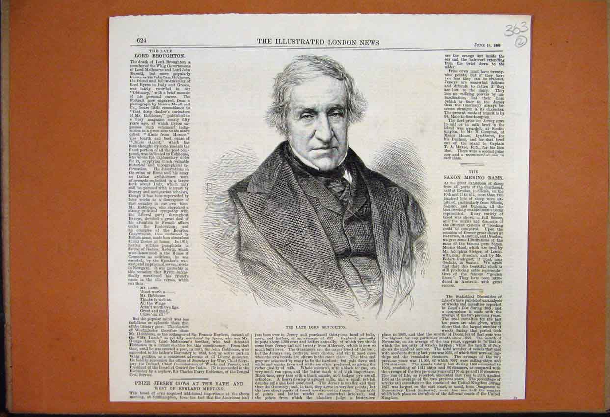 Original Old Antique Print 1869 Portrait Lord Broughton Whig Governments 19th