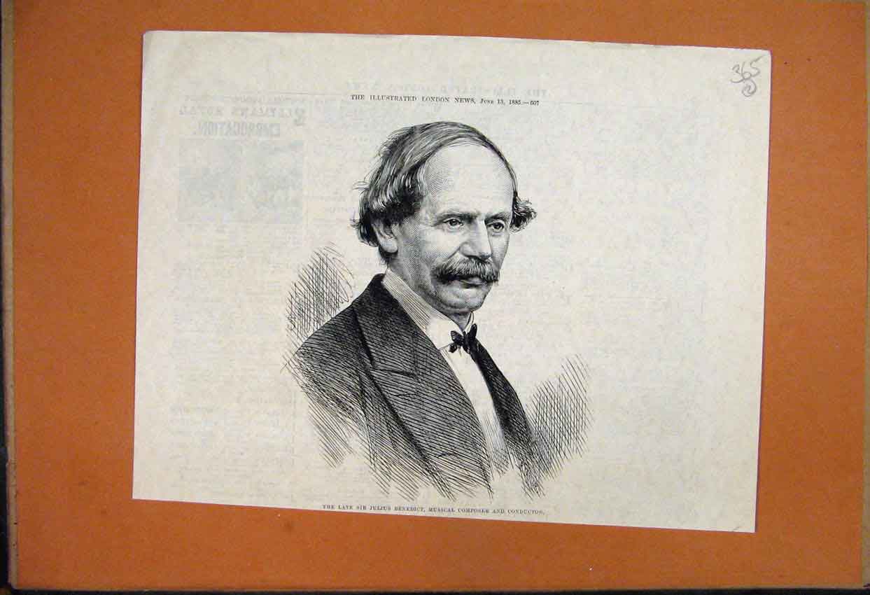Original Old Antique Print 1885 Portrait Julius Benedict Musical Composer 19th