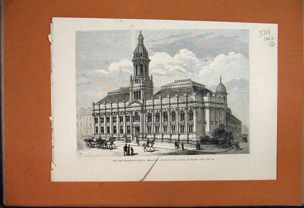 Original Old Antique Print 1882 Technical School Bradford Prince Wales Victorian