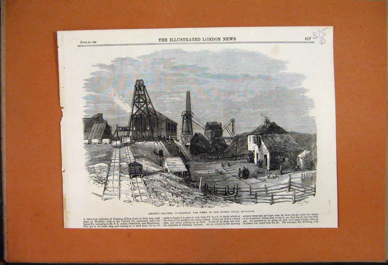 Original Old Antique Print 1866 Astley Colliery Dukinfield Fatal Explosion Scene