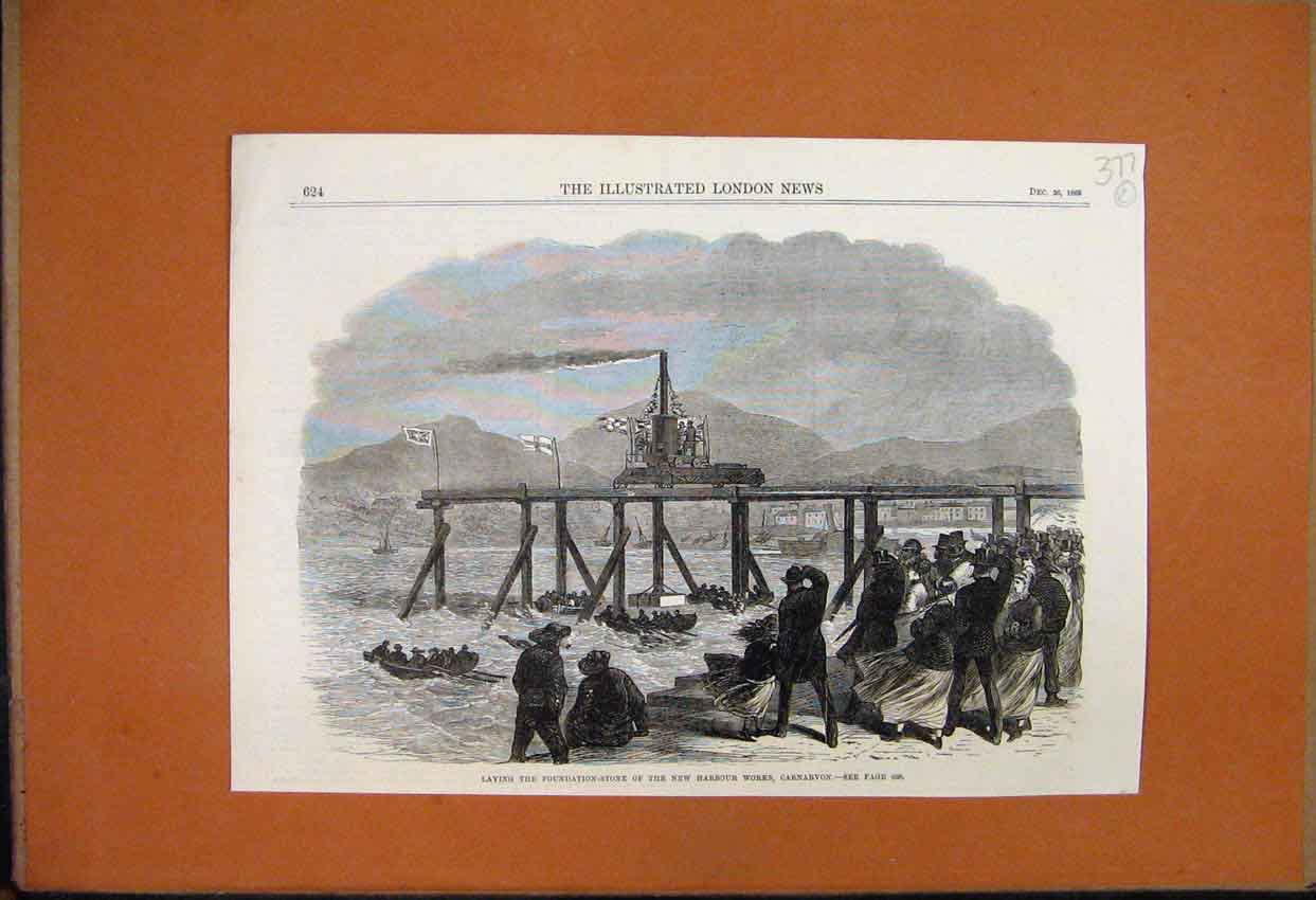 Original Old Antique Print 1868 Foundation-Stone Harbour Works Carnarvon Sea