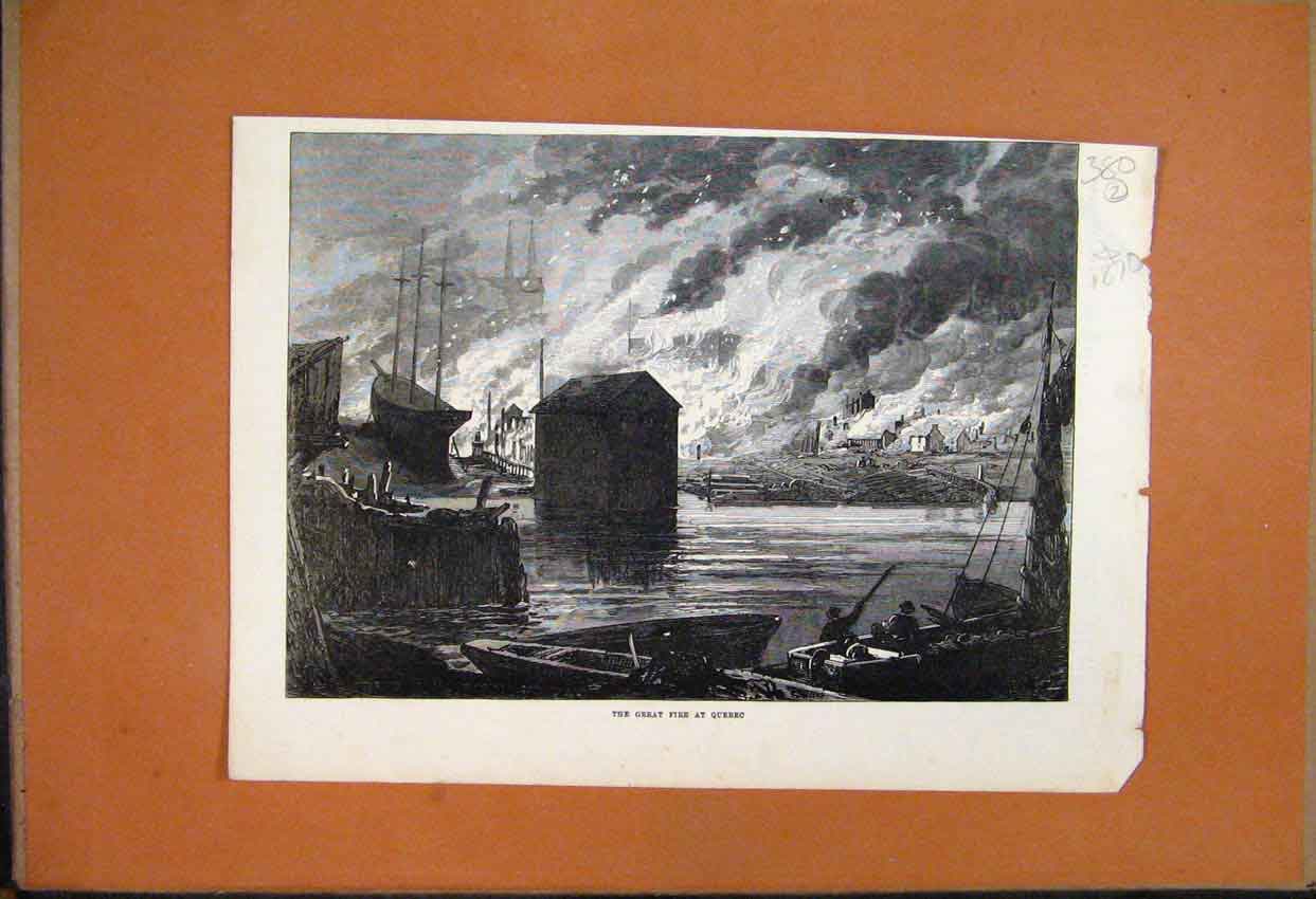 Original Old Antique Print 1870 Great Fire Quebec Canada Buildings Destroyed