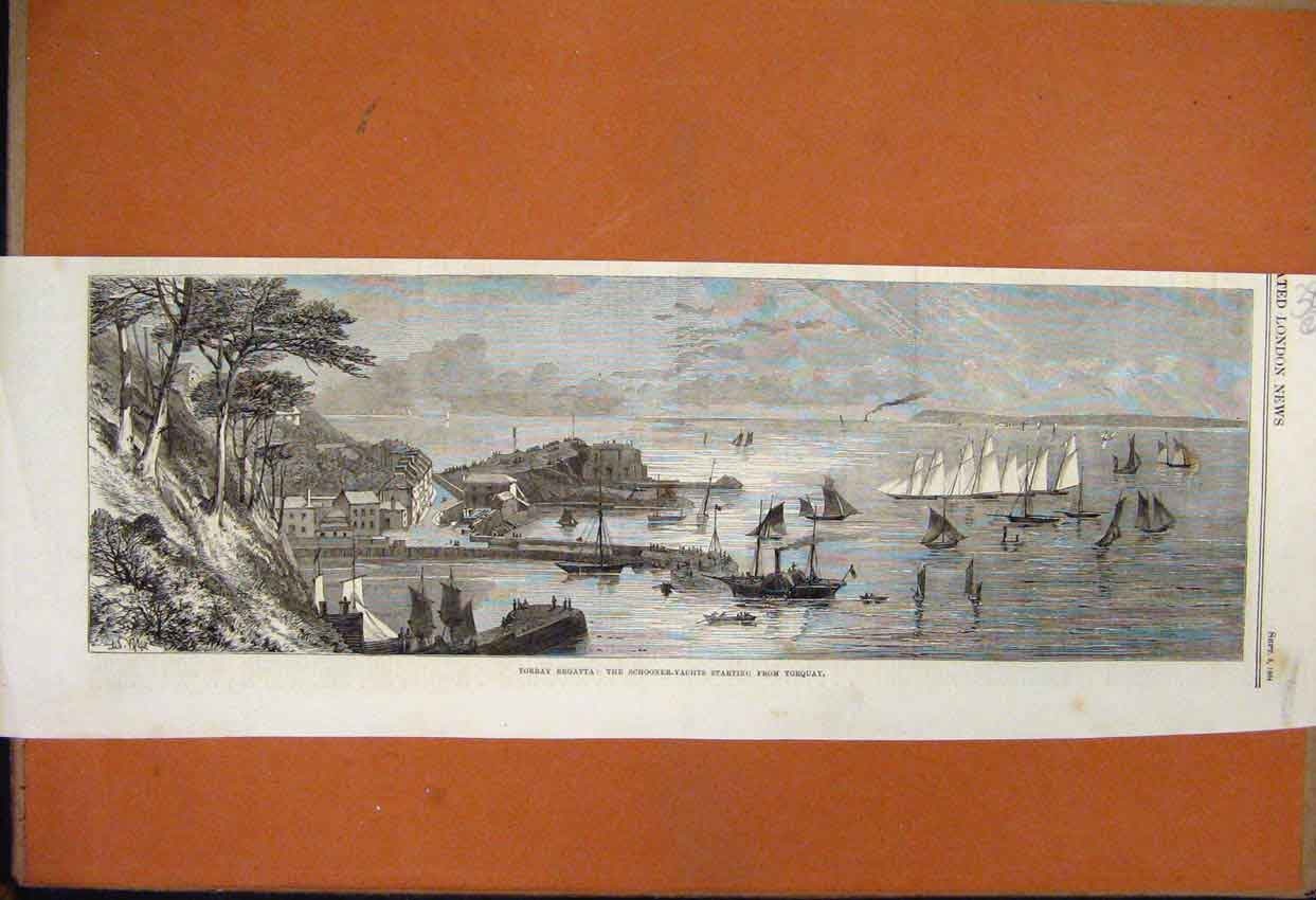 Original Old Antique Print Waterspout Worthing Pier Ship 1864 19th
