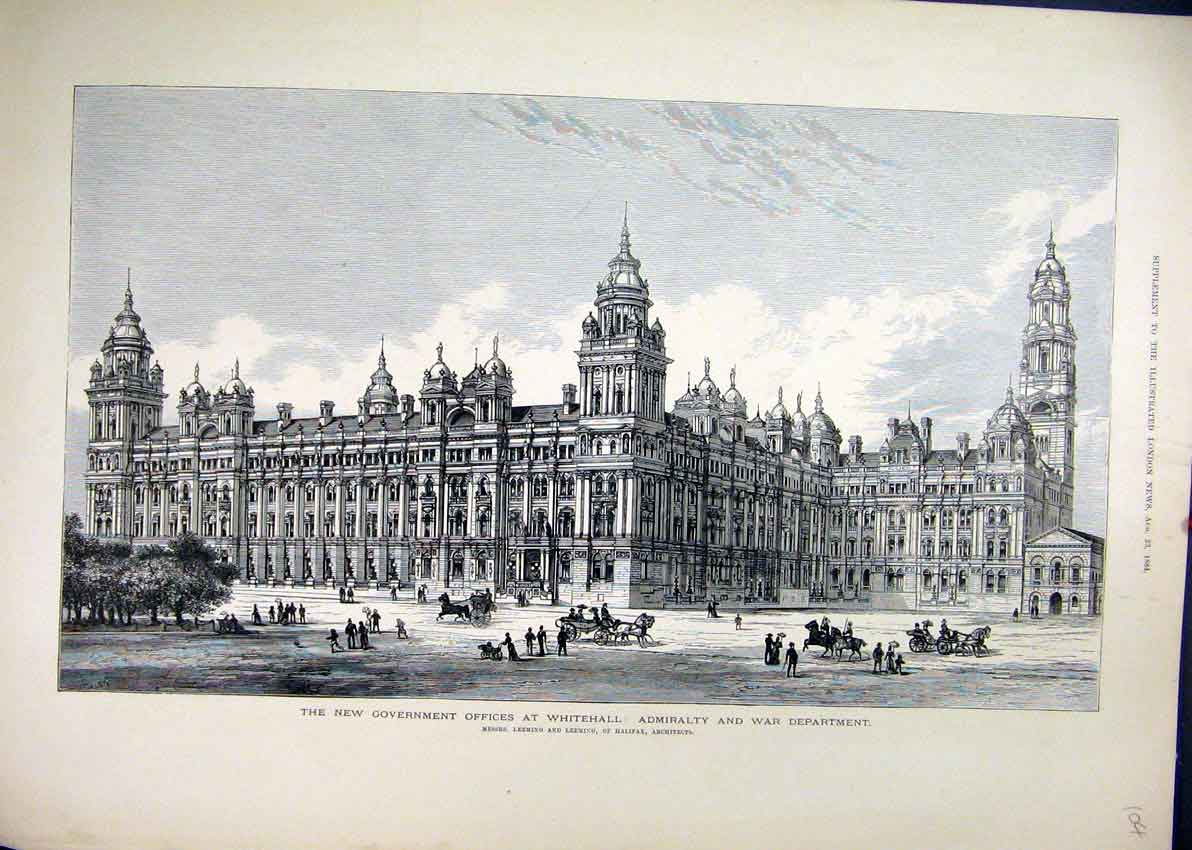 Original Old Antique Print Government Offices Whitehall War Department 1884 19th