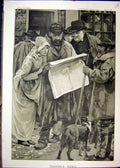 Original Old Antique Print 1888 Street Scene Reading Newpaper Dog Man Stick 19th