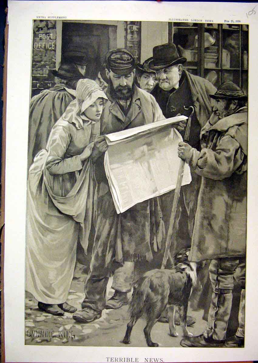 Original Old Antique Print 1888 Street Scene Reading Newpaper Dog Man Stick 19th