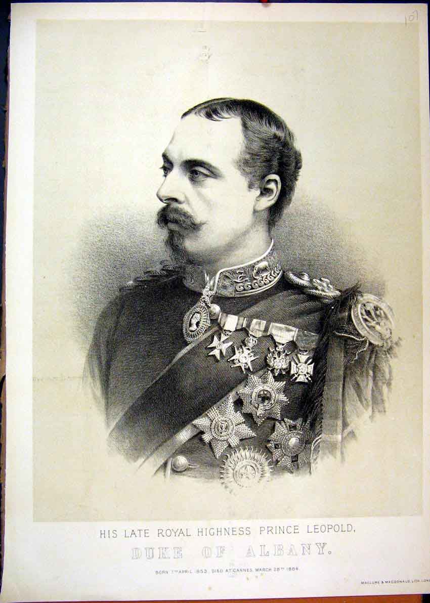 Original Old Antique Print 1884 Portrait Royal Highness Prince LeopDuke Albany