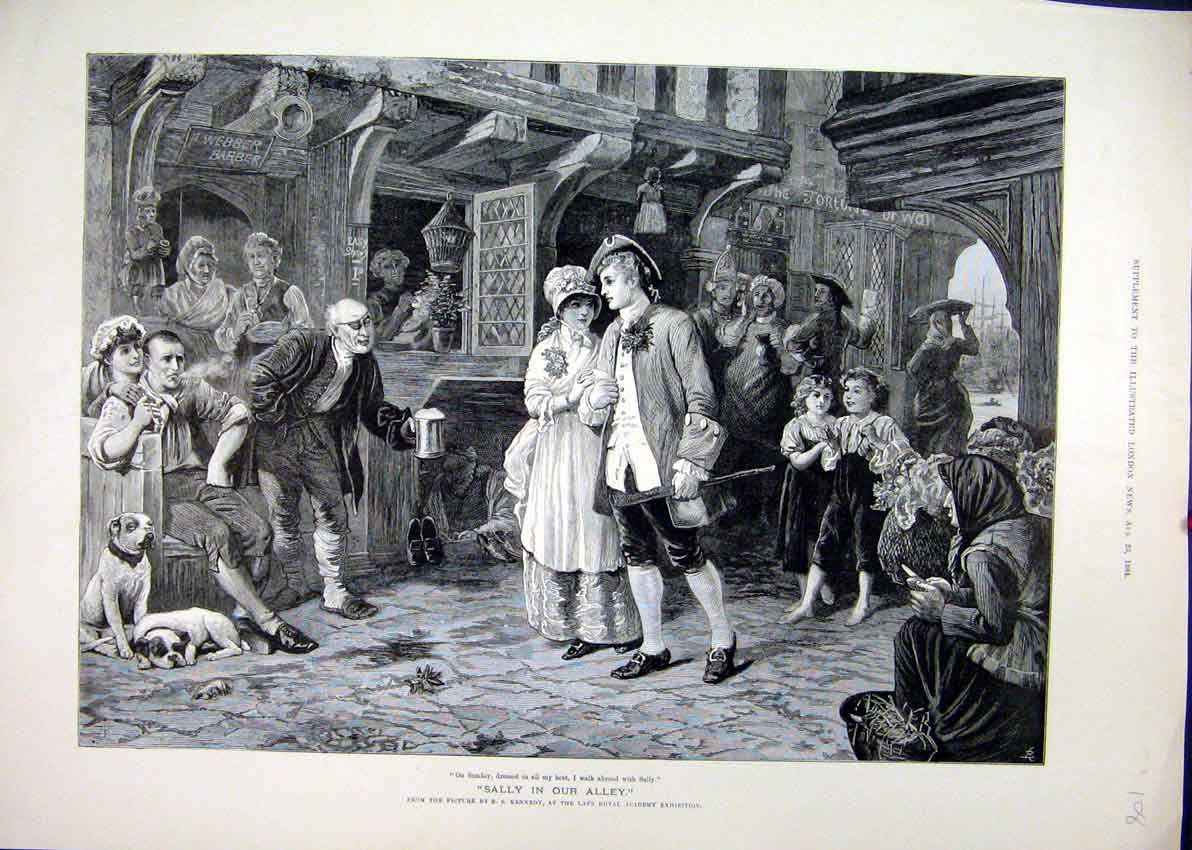 Original Old Antique Print Sally Alley 1884 Street Scene Romance Public Inn 19th