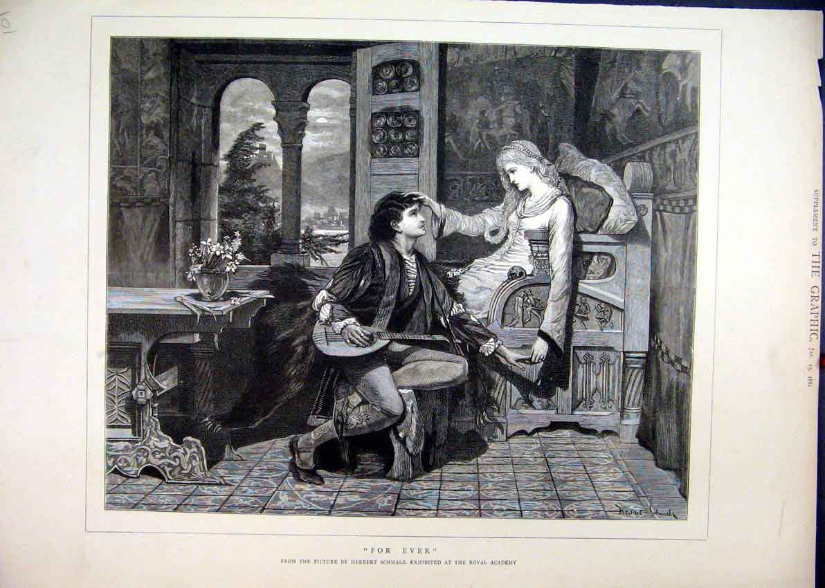 Original Old Antique Print 1881 Romance Music Man Woman Herbert Schmalz 19th